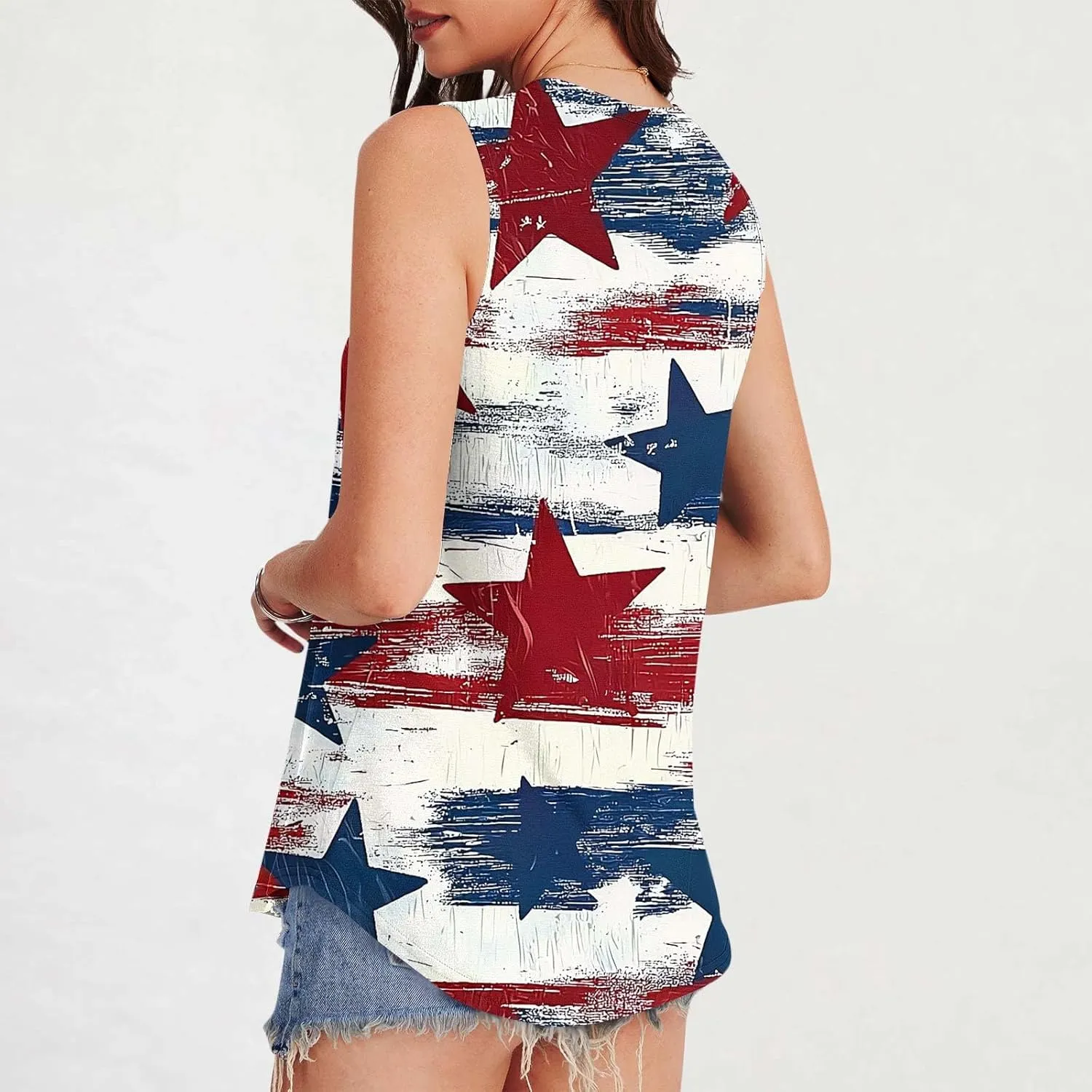 Womens Red White Blue Stars Stripes USA Flag High Neck Tanks Patriotic Tops 4th of July Independence Summer Shirts