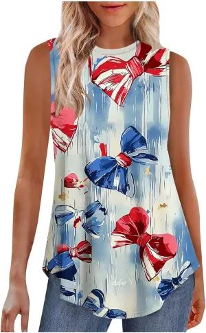 Womens Red White Blue Stars Stripes USA Flag High Neck Tanks Patriotic Tops 4th of July Independence Summer Shirts