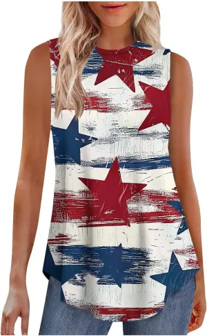 Womens Red White Blue Stars Stripes USA Flag High Neck Tanks Patriotic Tops 4th of July Independence Summer Shirts