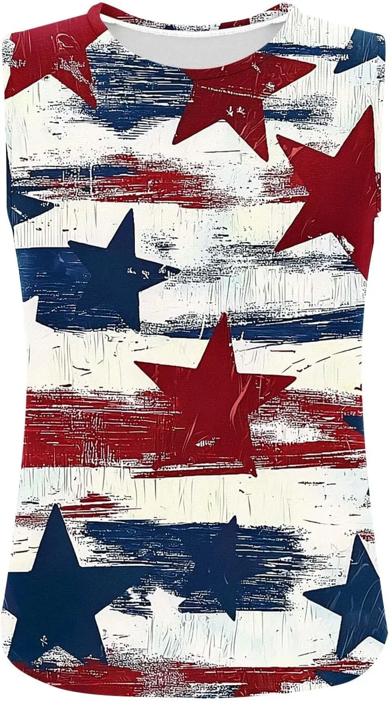 Womens Red White Blue Stars Stripes USA Flag High Neck Tanks Patriotic Tops 4th of July Independence Summer Shirts