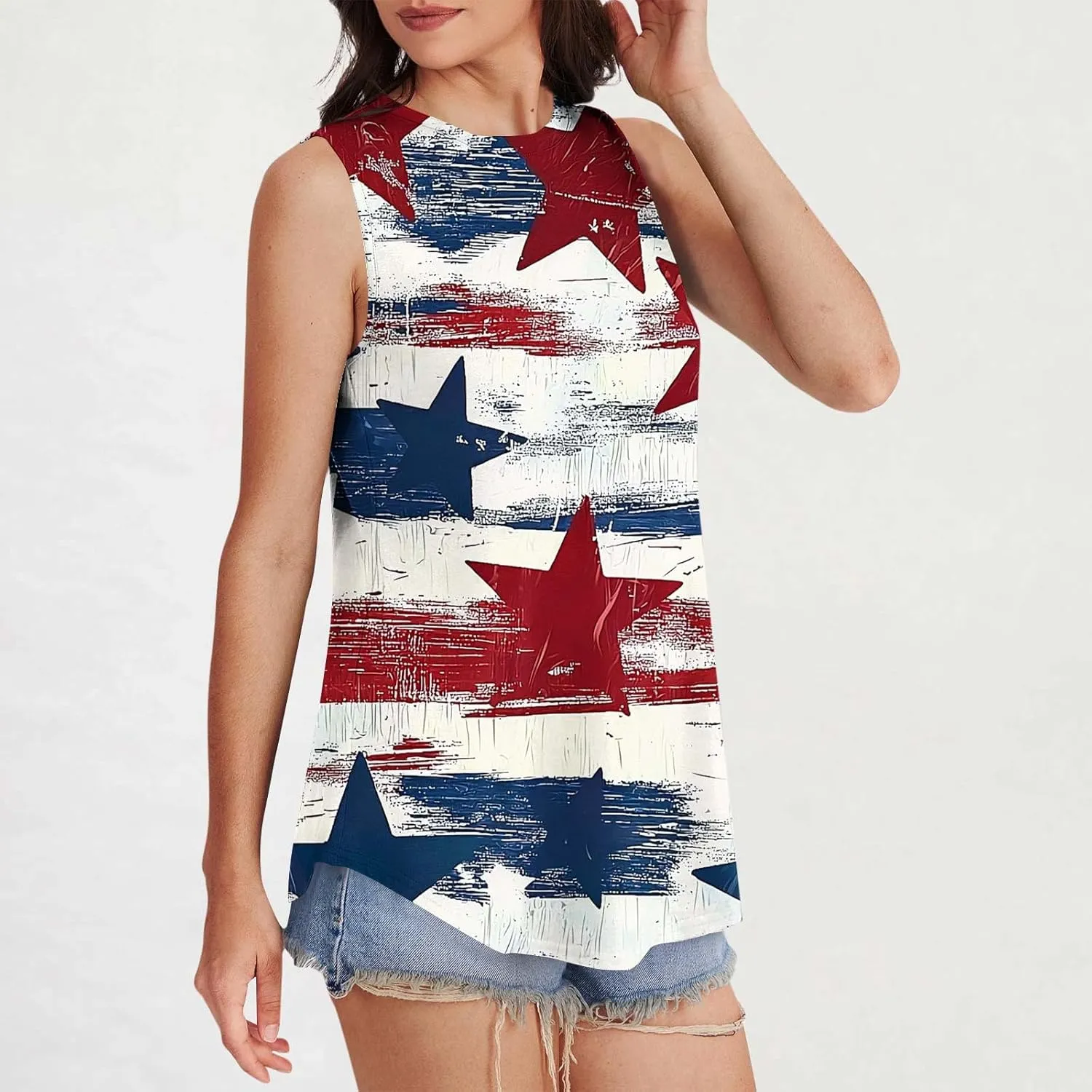 Womens Red White Blue Stars Stripes USA Flag High Neck Tanks Patriotic Tops 4th of July Independence Summer Shirts