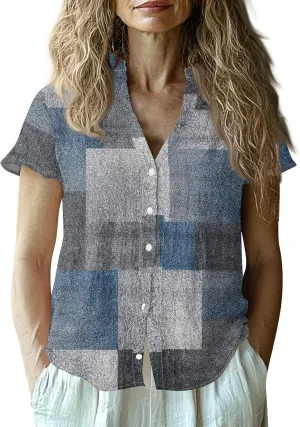 Womens Short Sleeve Casual Print Button Down Shirts Summer Soft Fashion Cotton Linen Blouses Tops Trendy
