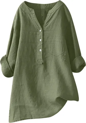 Women's Short Sleeve Linen Shirts Casual V Neck Henley T-Shirts Embroidery Floral Loose Fit Summer Tee Shirts