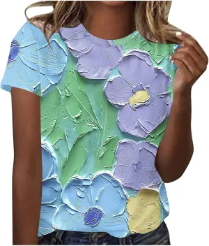 Womens Short Sleeve Summer Tops Plus Size Graphic Print Crewneck Heart T-Shirt Casual Loose Fit Workout Tees Outfits