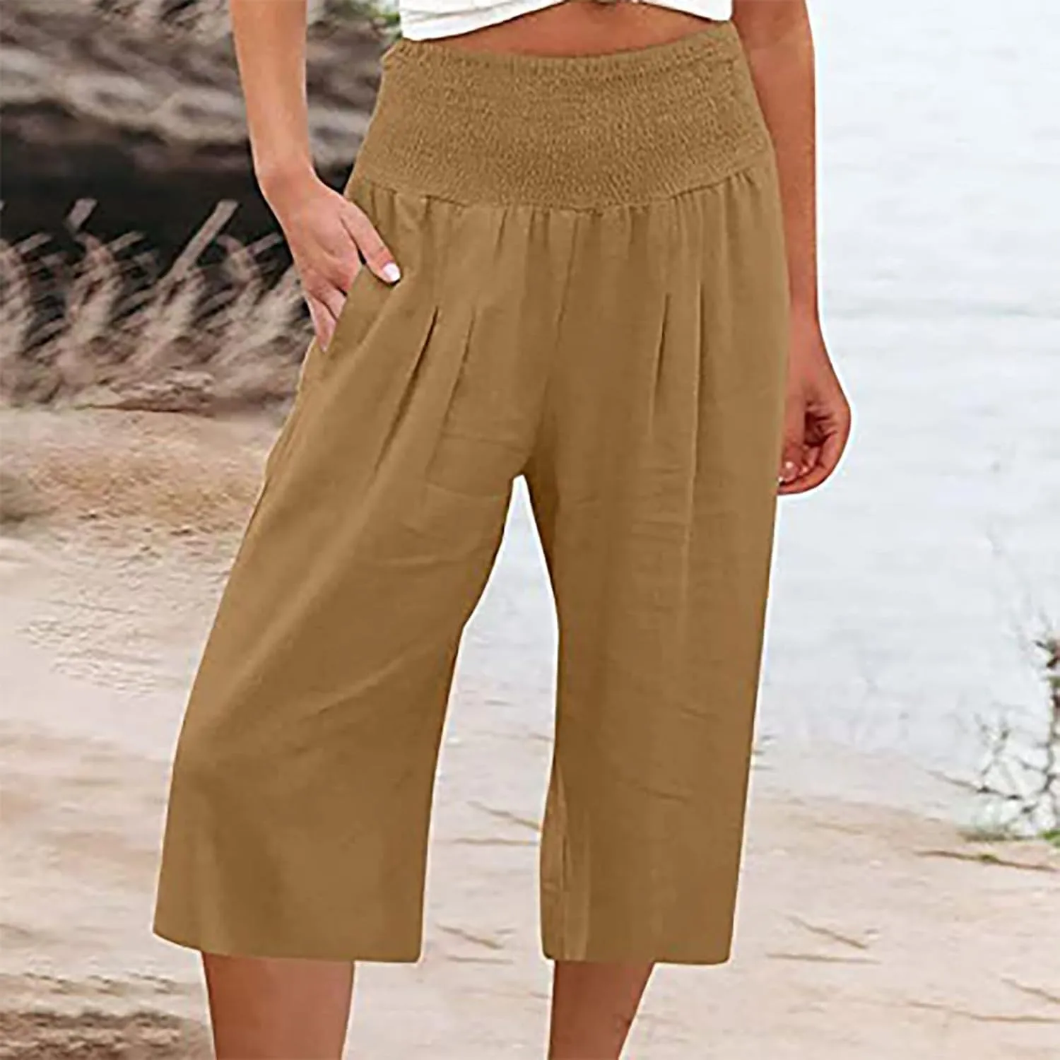 Womens Shorts Cotton Linen Shorts Capri Elastic Waist Linen Shorts Baggy Capri Pant Casual Beach Shorts with Pocket