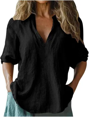 Womens Spring Tops Boho Long Sleeve Peasant Blouses Oversized Loose Fit V Neck Work Shirts Western Boyfriend Tee