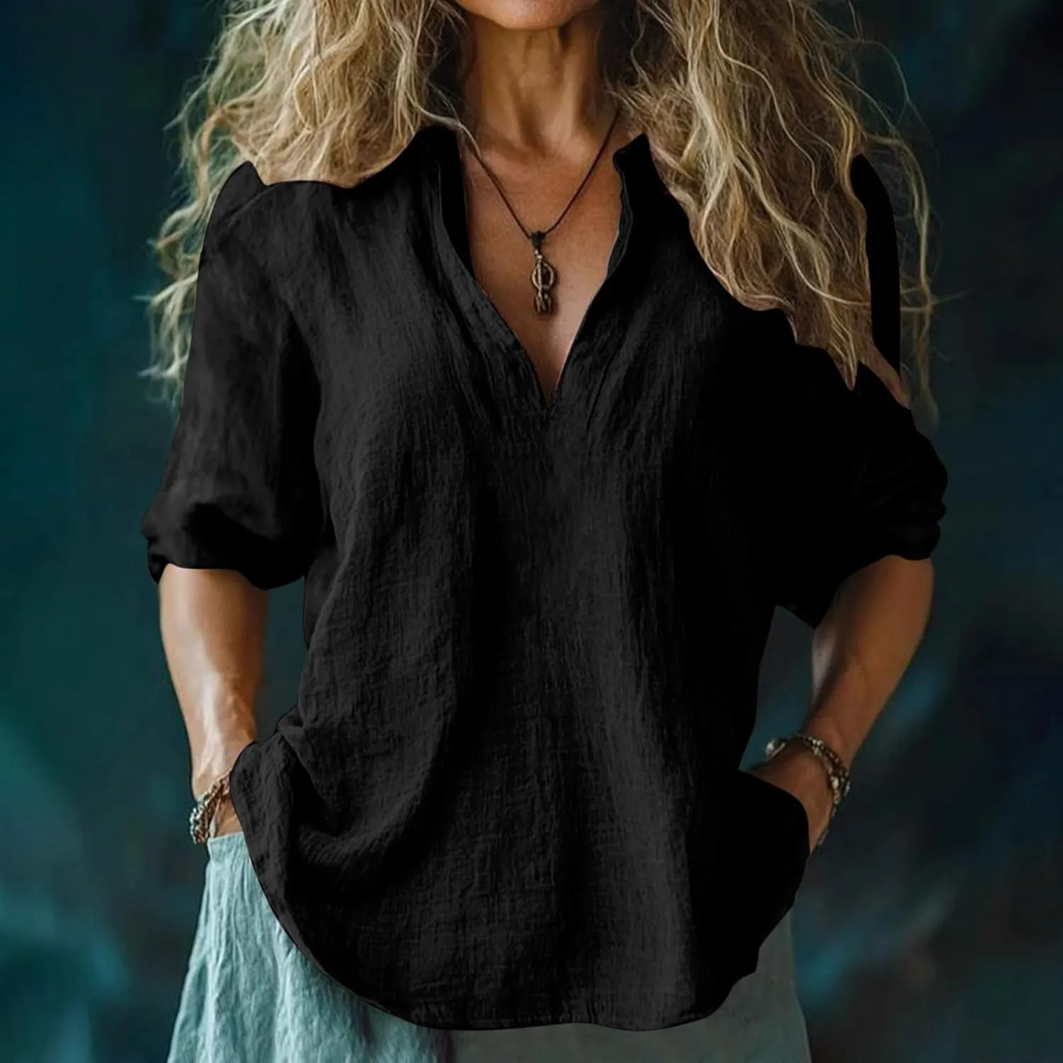 Womens Spring Tops Boho Long Sleeve Peasant Blouses Oversized Loose Fit V Neck Work Shirts Western Boyfriend Tee