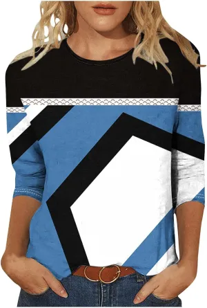 Womens Striped Tops Color Block Shirts Plus Size Casual Loose Fit Crewneck Tshirts Spring Summer 3/4 Sleeve Tees