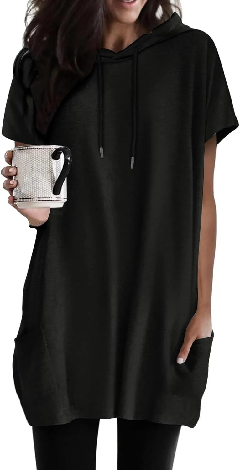 Womens Summer Casual Fashion Short Sleeve Long Double Pocket Tee Top