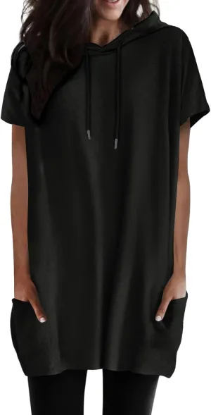 Womens Summer Casual Fashion Short Sleeve Long Double Pocket Tee Top
