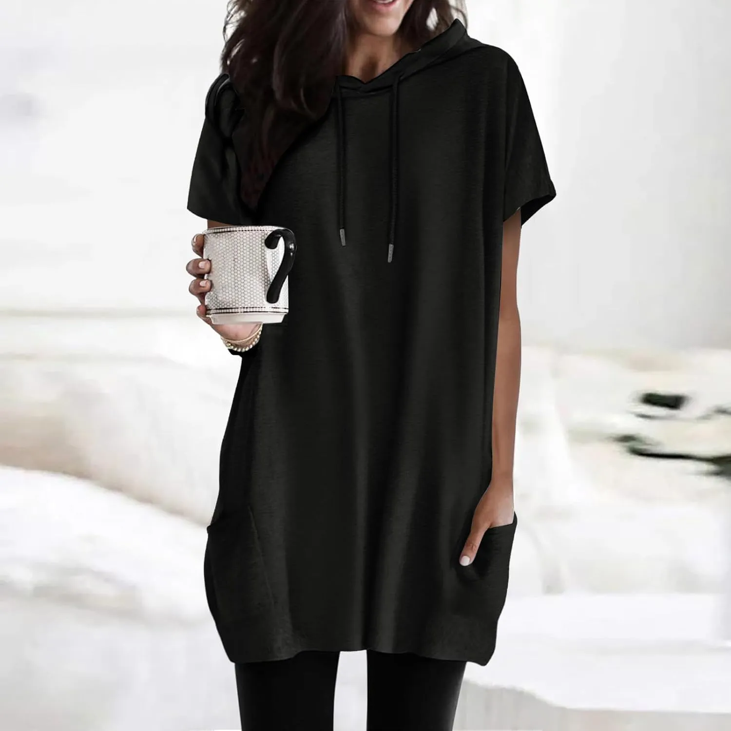 Womens Summer Casual Fashion Short Sleeve Long Double Pocket Tee Top