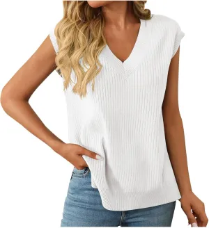 Women's Summer Tank Tops Sleeveless V Neck Knit Ribbed Top Loose Fit Bussiness Casual Fashion Work Vacation Clothes