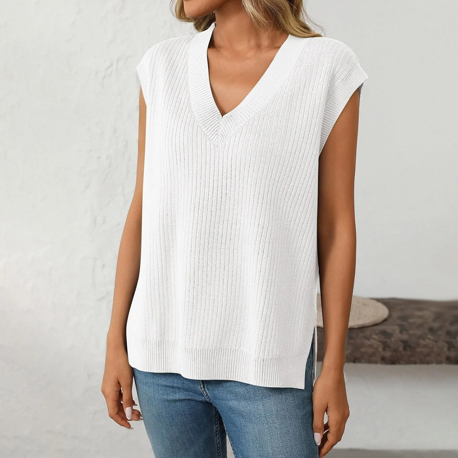 Women's Summer Tank Tops Sleeveless V Neck Knit Ribbed Top Loose Fit Bussiness Casual Fashion Work Vacation Clothes