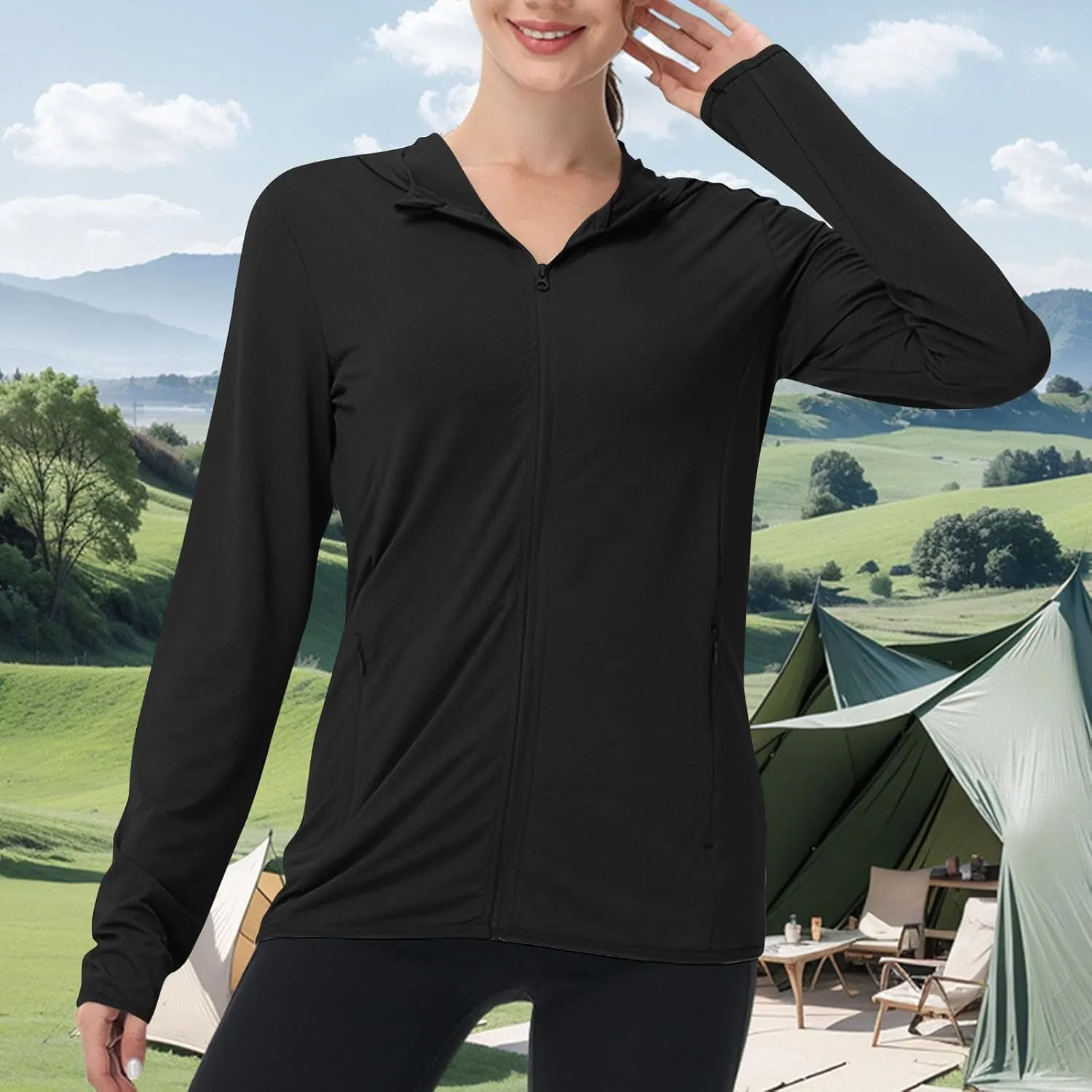 Womens Sun Shirts Full Zip UPF 50  Protection Hoodie Jacket Long Sleeve Hiking Outdoor Lightweight UPF50  Jackets