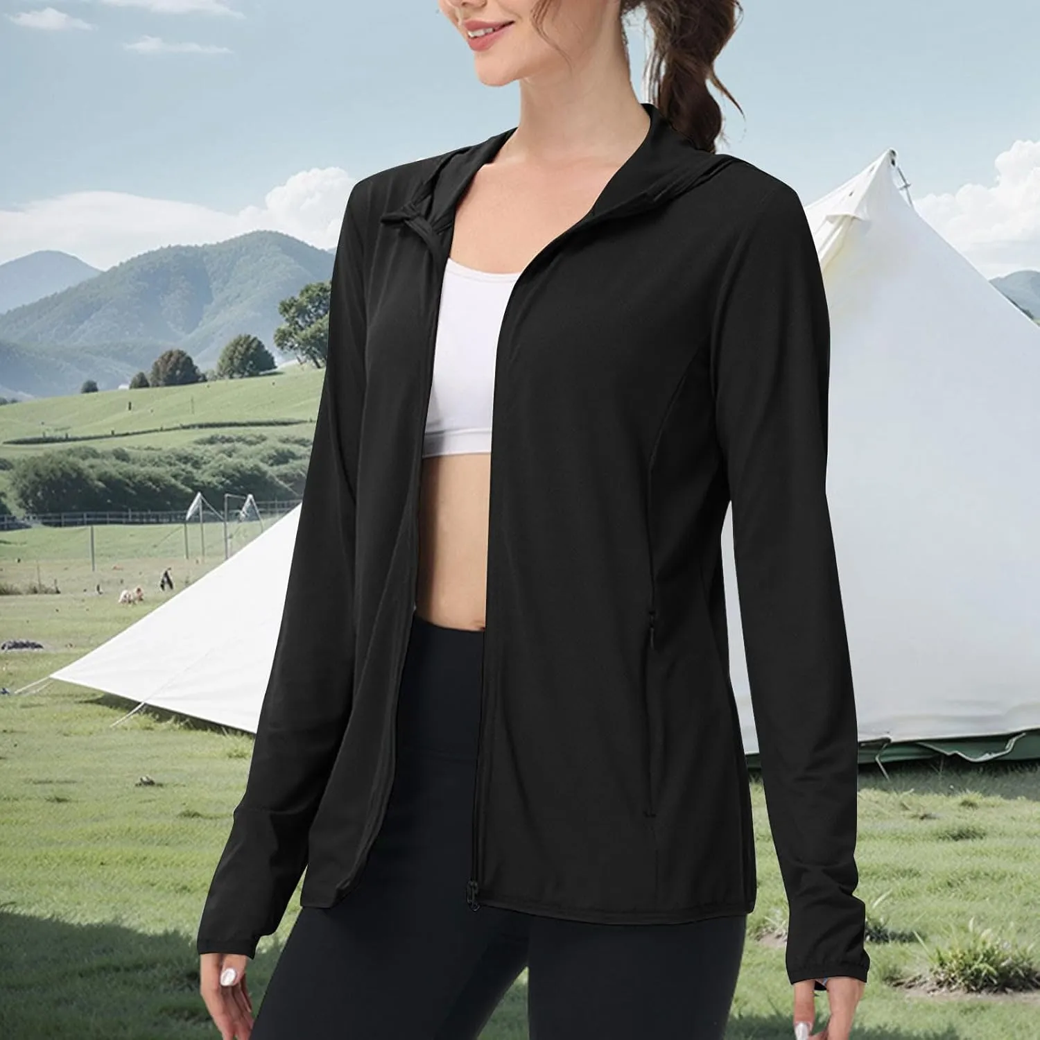 Womens Sun Shirts Full Zip UPF 50  Protection Hoodie Jacket Long Sleeve Hiking Outdoor Lightweight UPF50  Jackets