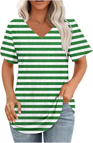 Women's T-Shirt Striped Deep V Neck Blouses Short Sleeve Shirt Hollow Eyelet Breathable Tops Summer Loose Outfit