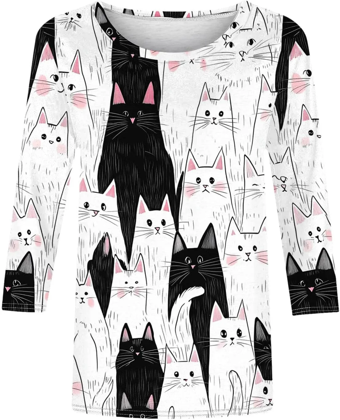 Women's T Shirts with Cat Printed Summer Tops 3/4 Sleeve Vacation Trendy Casual Loose Cute Hoilday Blouse Tee