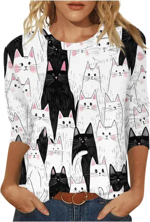 Women's T Shirts with Cat Printed Summer Tops 3/4 Sleeve Vacation Trendy Casual Loose Cute Hoilday Blouse Tee