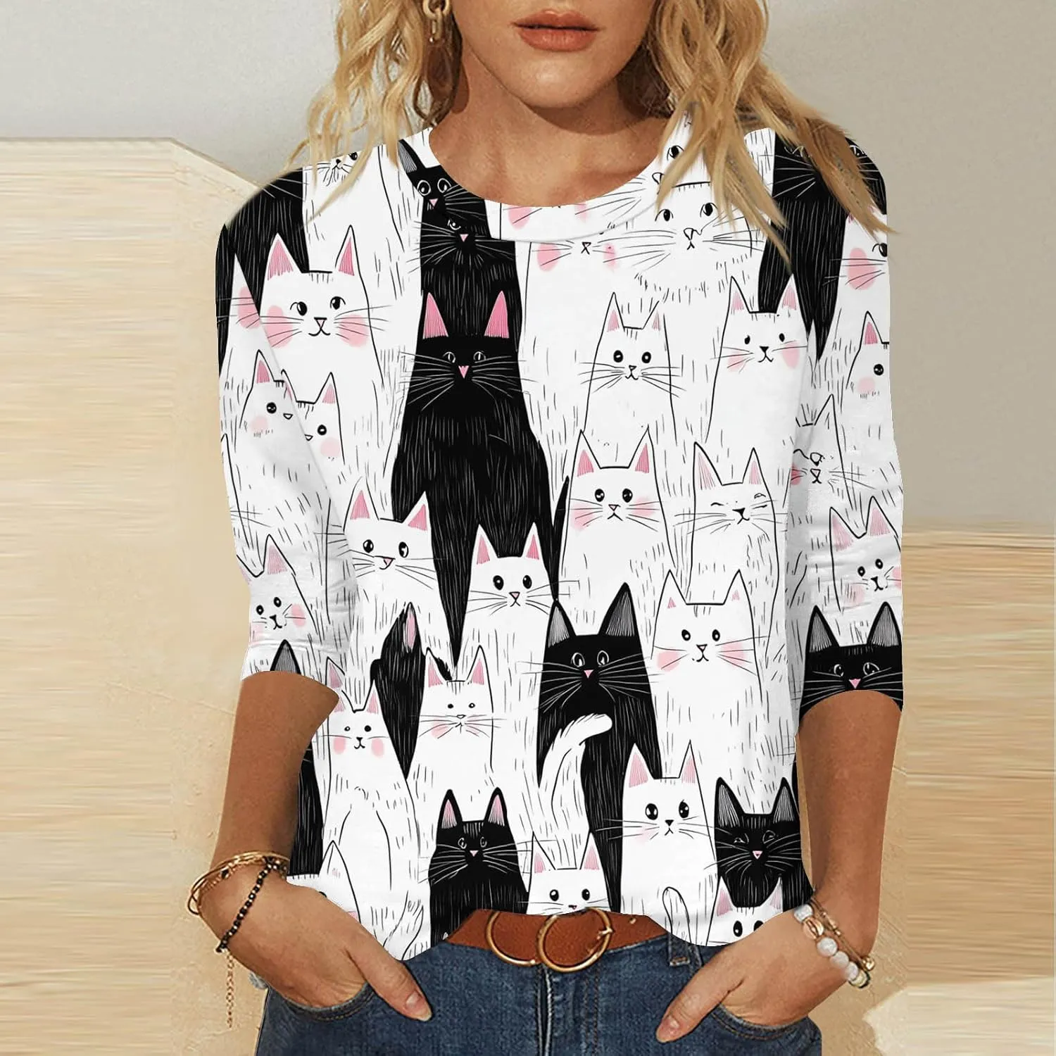 Women's T Shirts with Cat Printed Summer Tops 3/4 Sleeve Vacation Trendy Casual Loose Cute Hoilday Blouse Tee