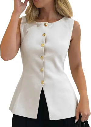 Womens Tank Tops Casual Crewneck Button Down Sleeveless Vest Summer Slim Fit Knitted Suit Blouses Cardigan Waistcoat