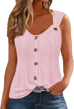 Womens Tank Tops Casual Loose Fit Button Down Eyelet Shirts Embroidered Peasant Boho Clothes Fashion Summer Outfits