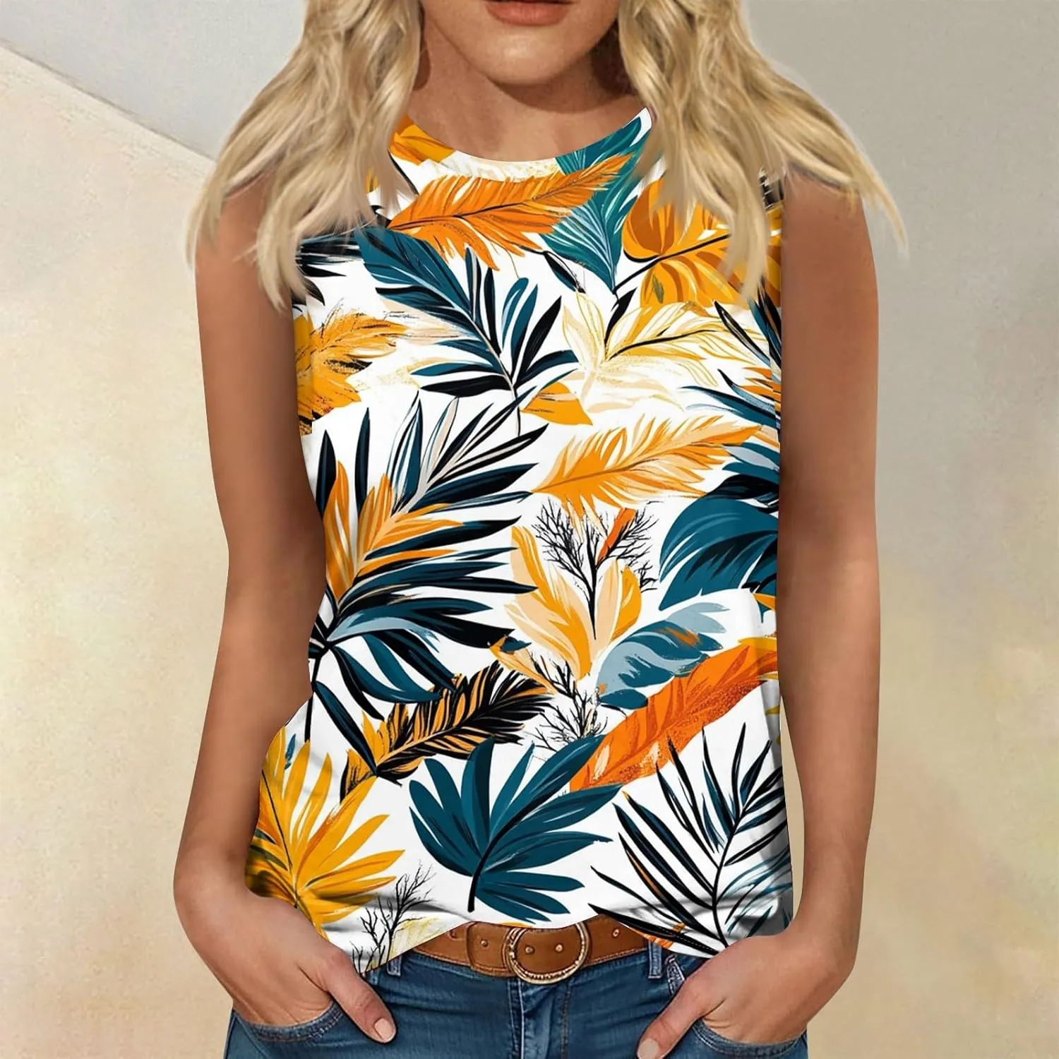 Womens Tank Tops Round Neck Printed Shirts 2025 Summer Casual Loose Fit Sleeveless Cute Basic Tanks Tee for Women