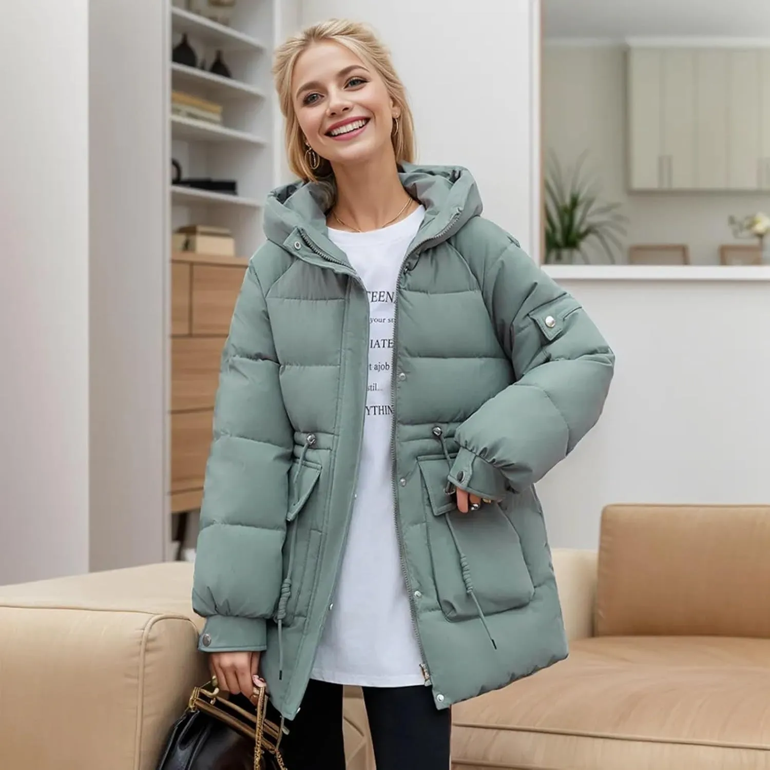 Women's Thickened Down Jackets Winter Hooded Mid-Length Puffy Packable Warm Jackets Puffer Down Coat Christmas Gifts