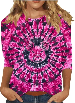 Womens Tops 3/4 Sleeve Loose Fit Tie Dye Hippie Shirts 70s Tshirts Crew Neck Cute Tees 2025 Spring Summer Cute Tees