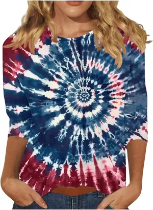 Womens Tops 3/4 Sleeve Loose Fit Tie Dye Hippie Shirts 70s Tshirts Crew Neck Cute Tees 2025 Spring Summer Cute Tees