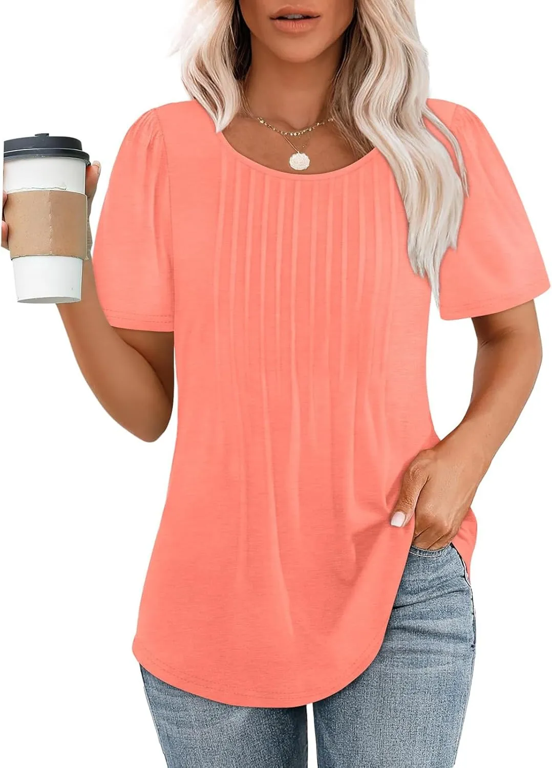 Womens Tops Casual Puff Long/Short Sleeve Pleated Crew Neck Blouses Dressy Cute Trendy Loose T Shirts
