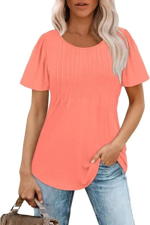 Womens Tops Casual Puff Long/Short Sleeve Pleated Crew Neck Blouses Dressy Cute Trendy Loose T Shirts
