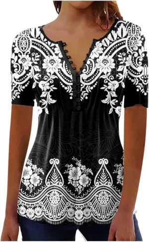 Womens Tunic Tops Trendy Vintage Boho Shirts Short Sleeve Notch V Neck T-Shirt 2025 Casual Summer Blouse Empire Waist