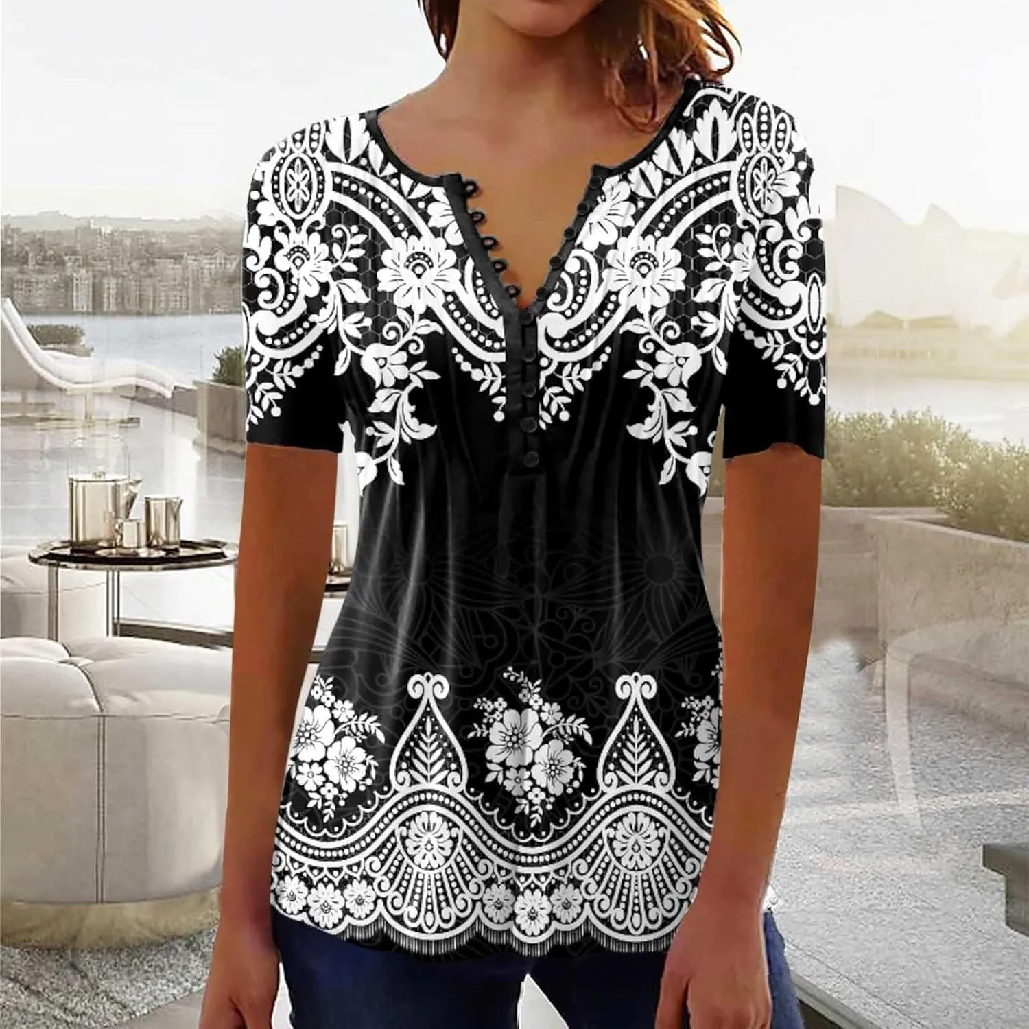 Womens Tunic Tops Trendy Vintage Boho Shirts Short Sleeve Notch V Neck T-Shirt 2025 Casual Summer Blouse Empire Waist