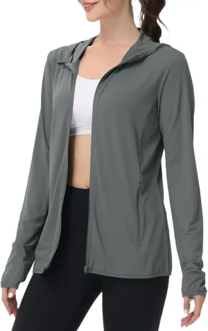 Womens UPF 50  Sun Protection Hoodie Jacket Lightweight Athletic Jacket with Zip Pockets Full Zip Long Sleeve Shirts