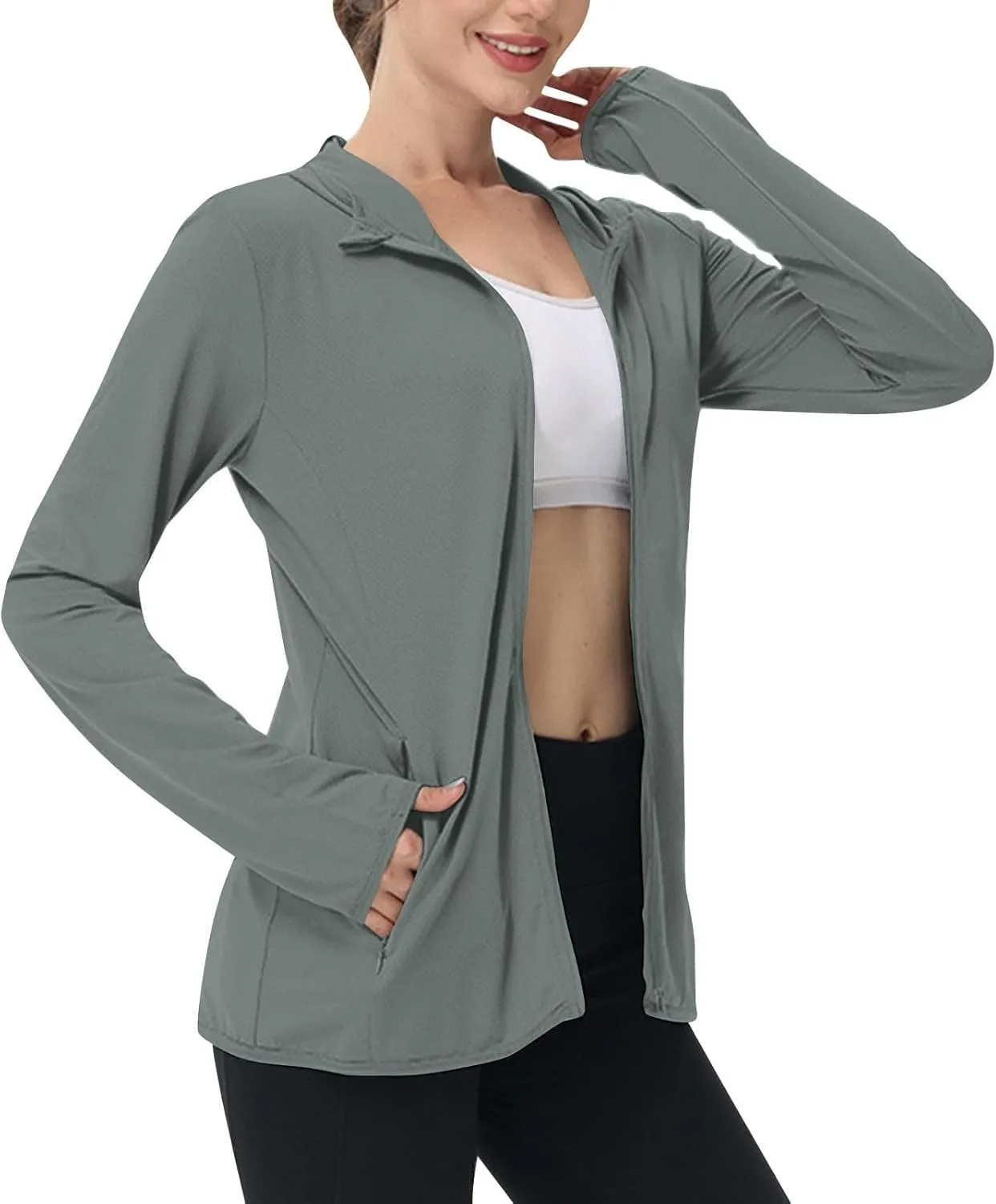 Womens UPF 50  Sun Protection Hoodie Jacket Lightweight Athletic Jacket with Zip Pockets Full Zip Long Sleeve Shirts
