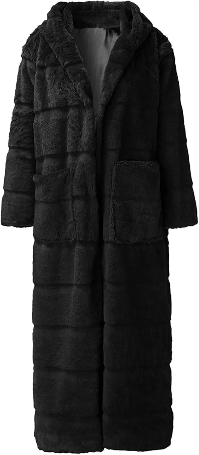 Womens Warm Parka Coats Luxury Faux Fur Fluffy Maxi Jackets Winter Fashion Hooded Full-Length Outwear with Pockets