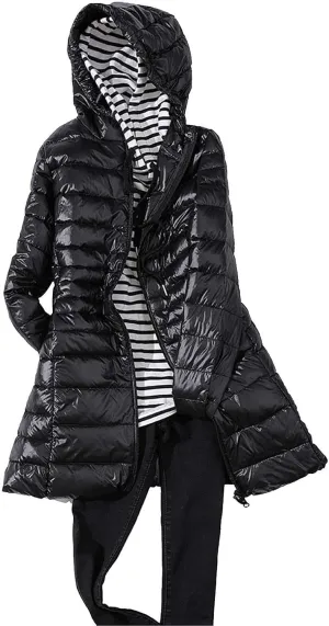 Women's Warm Winter Glossy Down Jacket Ultralight Long Down Outerwear Puffer Jacket Hooded Coat Zip-Up Thicken Long-Sleeve