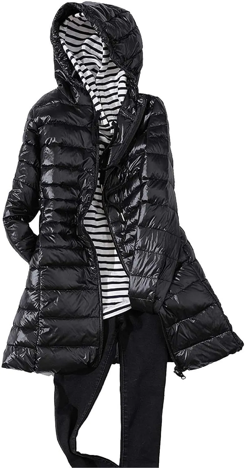 Women's Warm Winter Glossy Down Jacket Ultralight Long Down Outerwear Puffer Jacket Hooded Coat Zip-Up Thicken Long-Sleeve