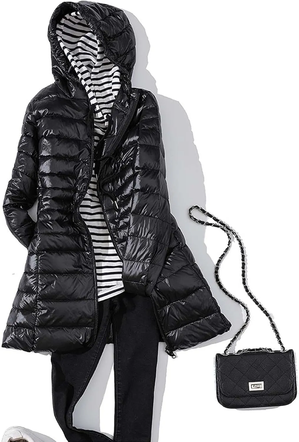 Women's Warm Winter Glossy Down Jacket Ultralight Long Down Outerwear Puffer Jacket Hooded Coat Zip-Up Thicken Long-Sleeve