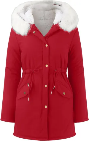 Women's Warm Winter Puffer Coats Thicken Fleece Lined Down Jackets Faux Fur Hooded Snow Parkas Overcoats with Pockets