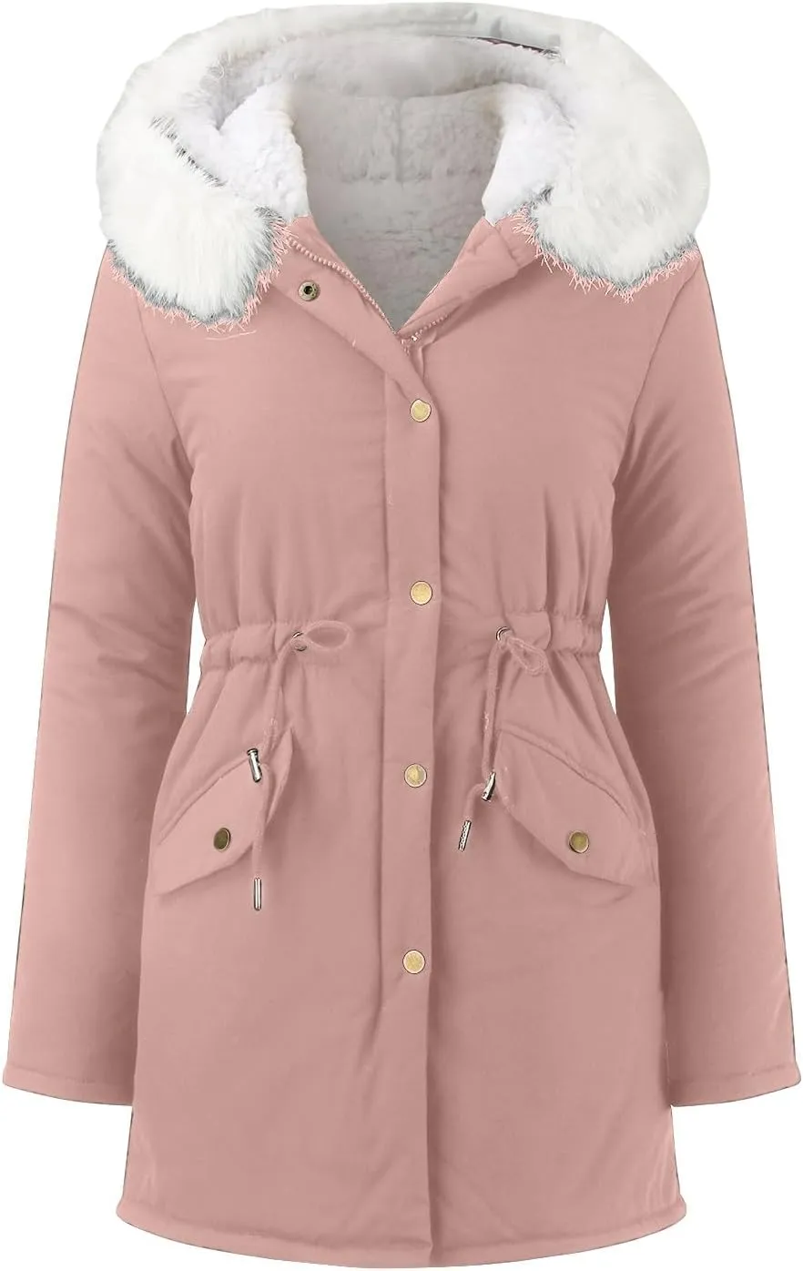 Women's Warm Winter Puffer Coats Thicken Fleece Lined Down Jackets Faux Fur Hooded Snow Parkas Overcoats with Pockets