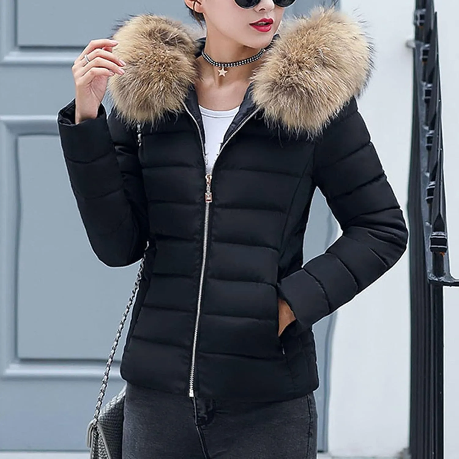 Women's Waterproof Ski Snow Jacket Winter Warm Jumper With Pockets Thick Warm Faux Lamb Wool Lined Jacket Coat