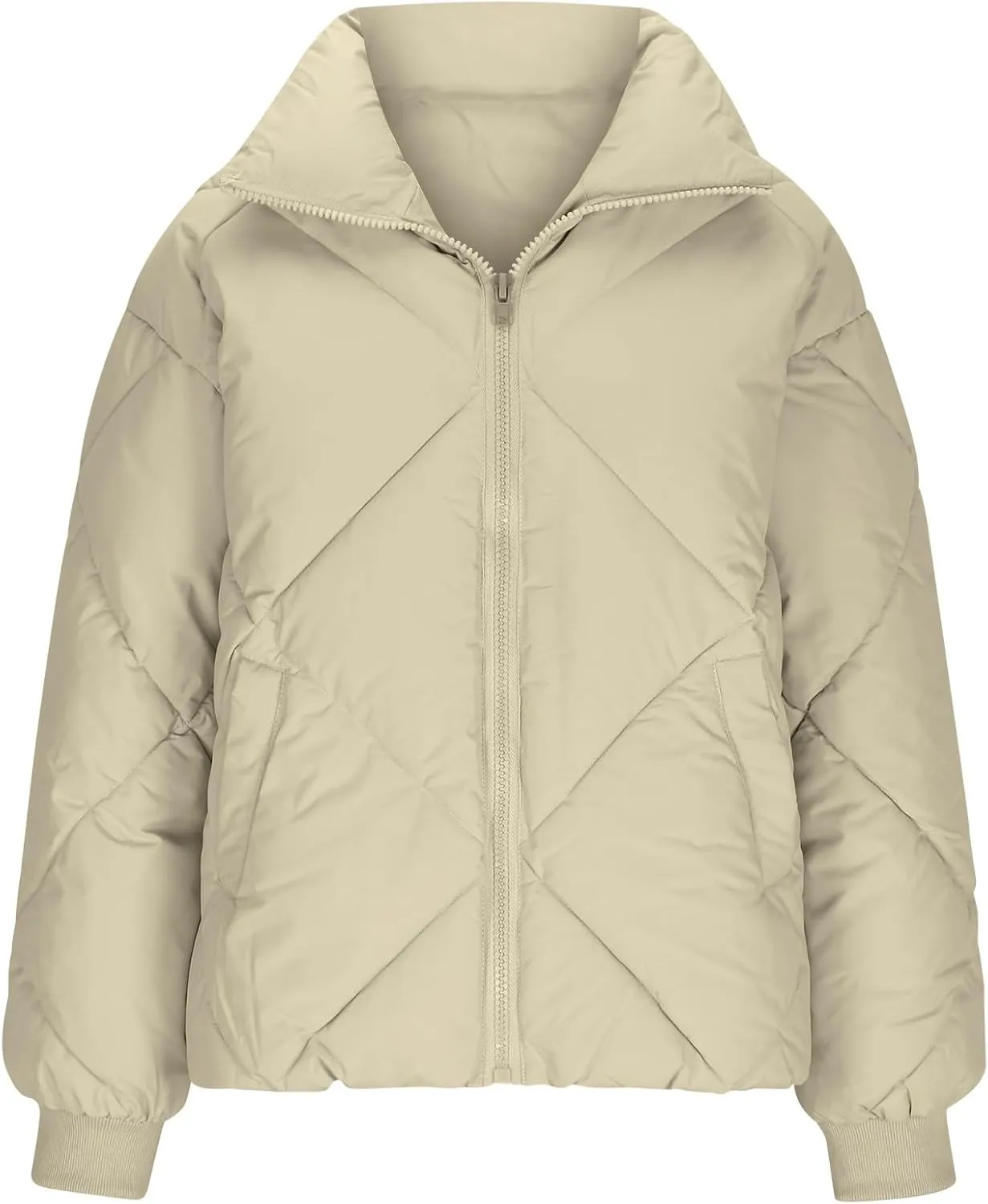 Womens Winter Cropped Puffer Jacket Oversized Long Sleeve Full Zip Puffy Coat Warm Quilted Jacket with Pockets