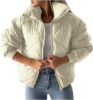 Womens Winter Cropped Puffer Jacket Oversized Long Sleeve Full Zip Puffy Coat Warm Quilted Jacket with Pockets