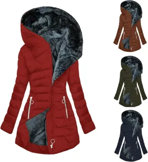 Womens Winter Fleece Lined Coat with Hood Thicken Sherpa Full Zip Long Overcoat Warm Plus Size down Puffer Jacket