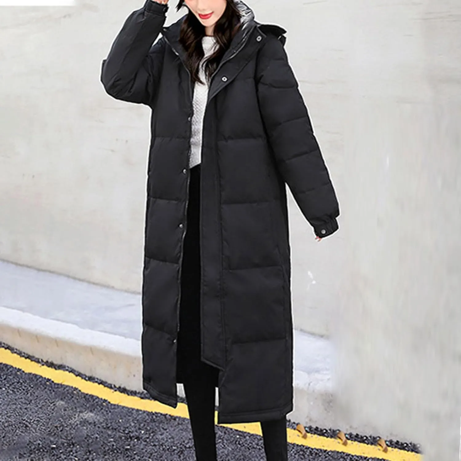 Women's Winter Puffer Coats Long Warm Full Zip Hooded Down Jacket Hooded Quilted Parka Coat Outerwear With Pockets