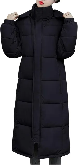 Women's Winter Puffer Coats Long Warm Full Zip Hooded Down Jacket Hooded Quilted Parka Coat Outerwear With Pockets