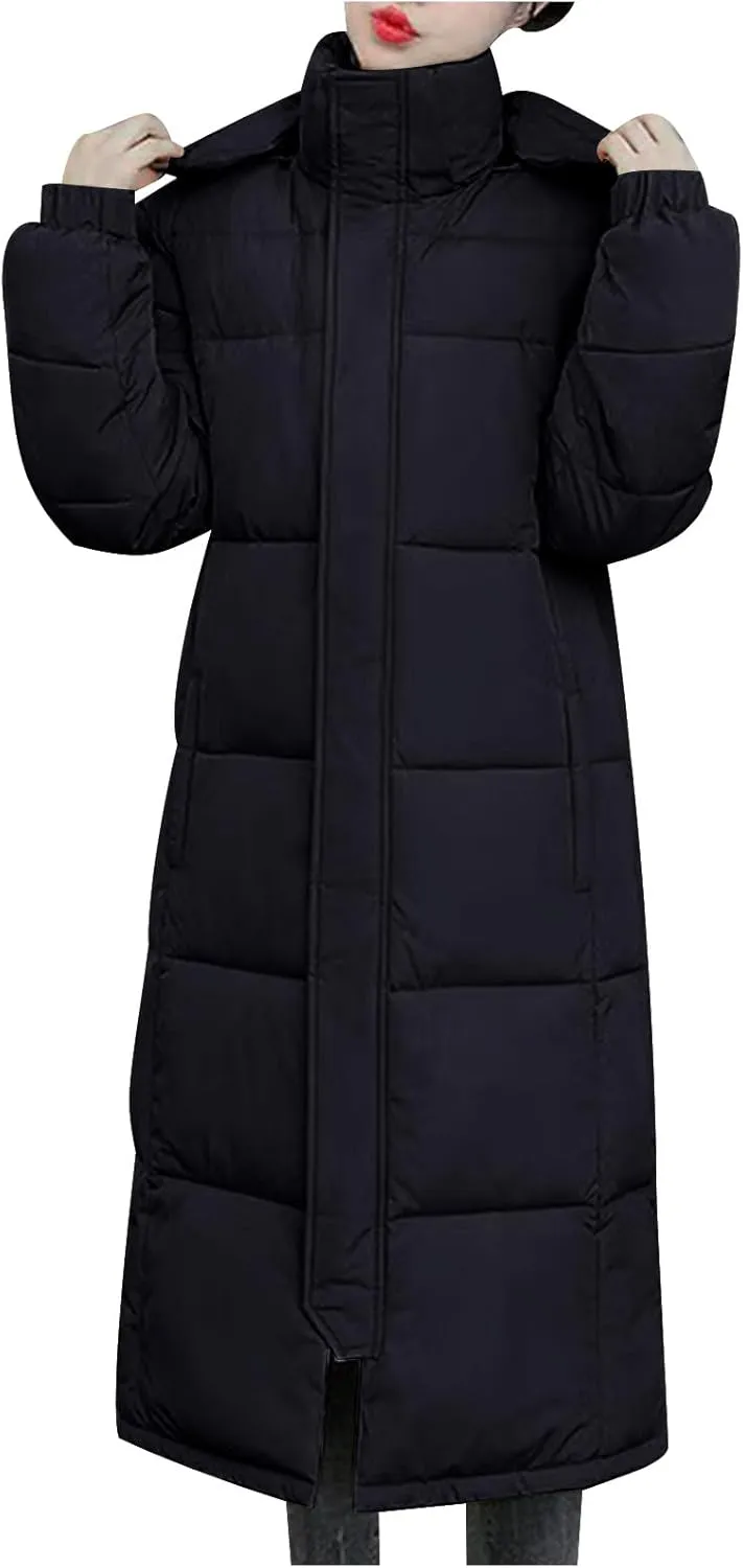 Women's Winter Puffer Coats Long Warm Full Zip Hooded Down Jacket Hooded Quilted Parka Coat Outerwear With Pockets