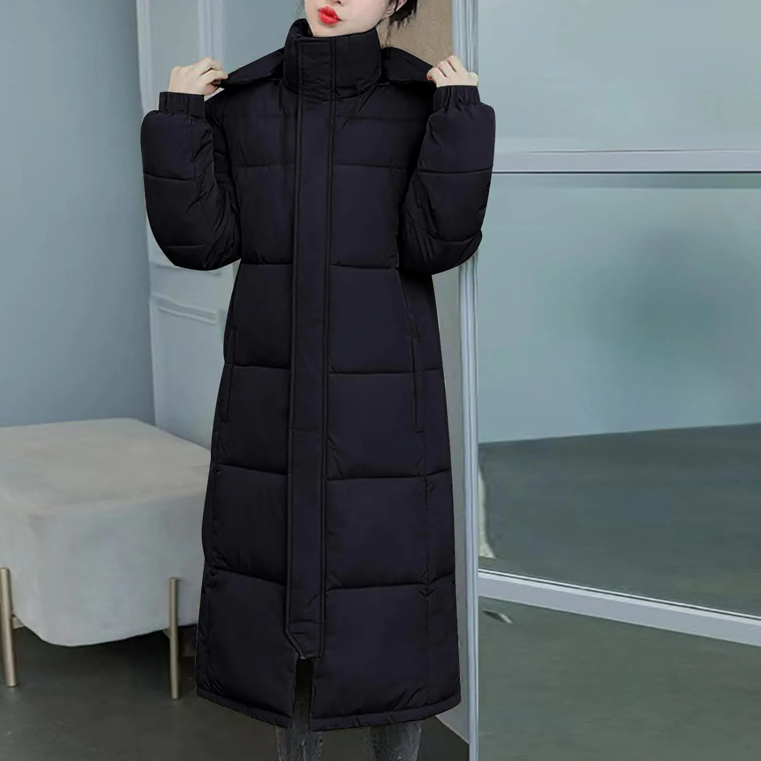 Women's Winter Puffer Coats Long Warm Full Zip Hooded Down Jacket Hooded Quilted Parka Coat Outerwear With Pockets