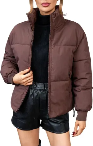 Women's Winter Quilted Jackets Full Zip Long Sleeve Puffer Jackets Short Quilted Warm Puffer Down Coats with Pockets